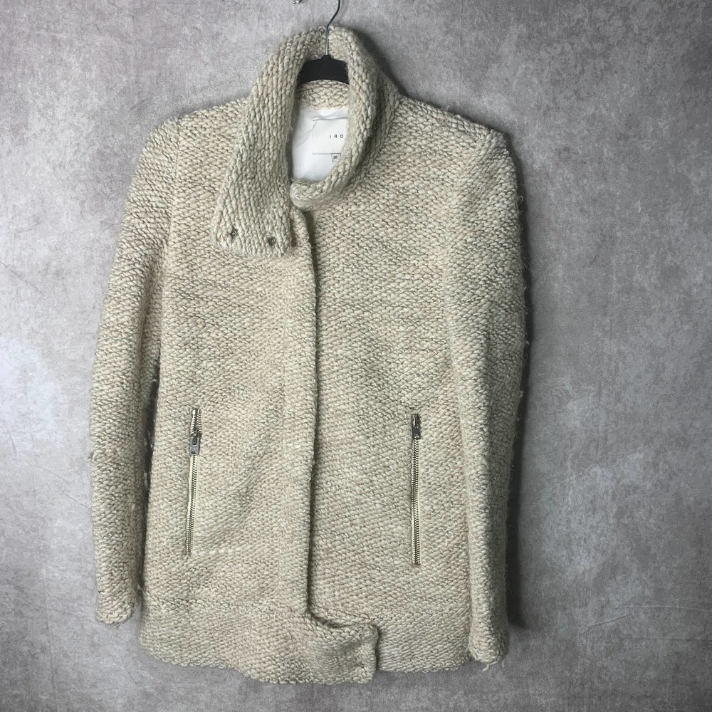 IRO Ajumaspe Heavy Knit Jacket Womens Size 36 Beige Wool Blend Stand‎ Collar